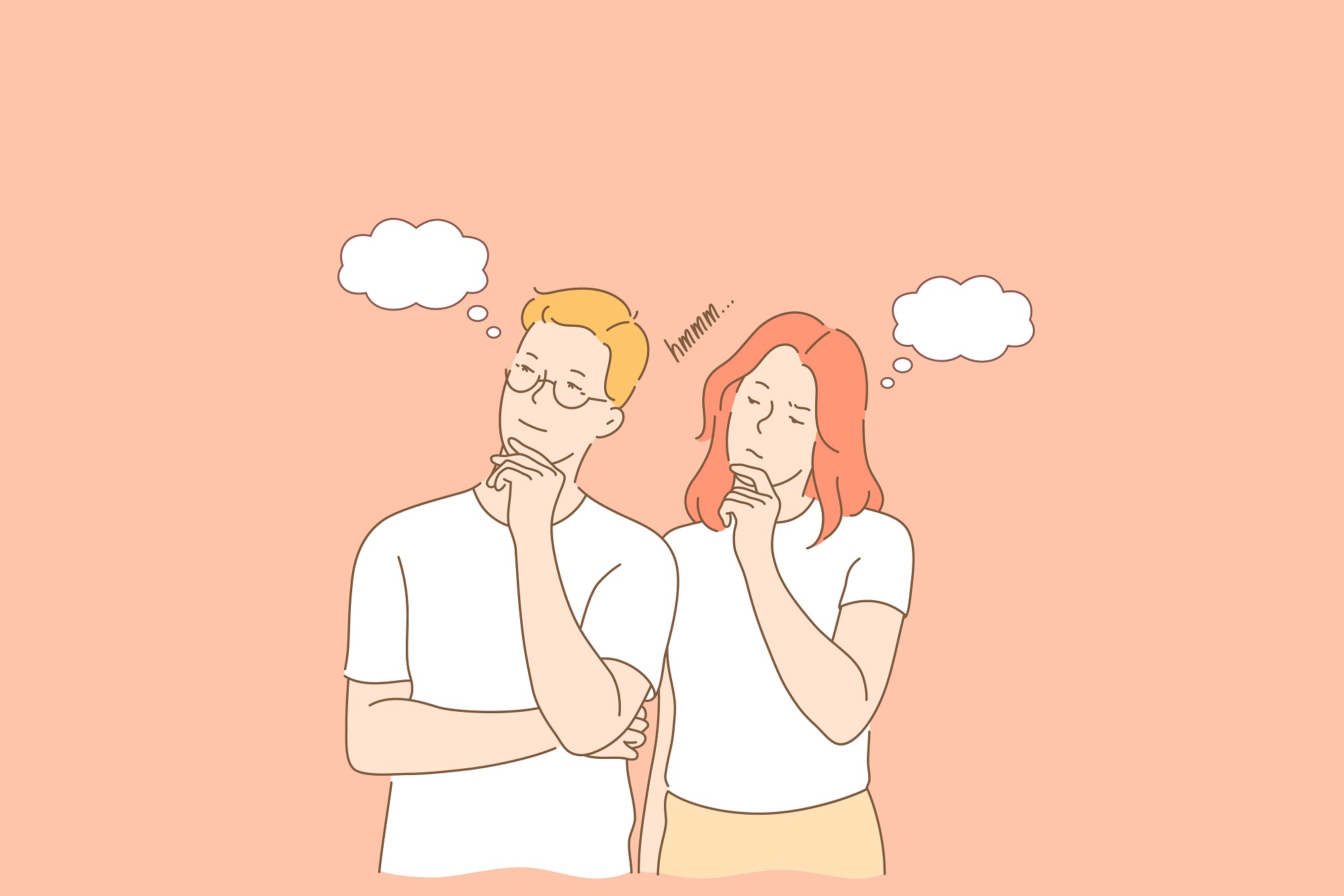 Thoughtful, pensive couple concept. Doubtful girlfriend and boyfriend thinking over some relationship issues, young people daydreaming, using imagination, thought bubbles. Simple flat vector