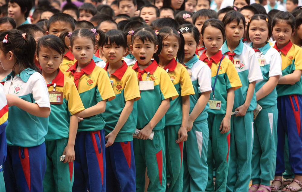 Chinese kids lining up before class in China
